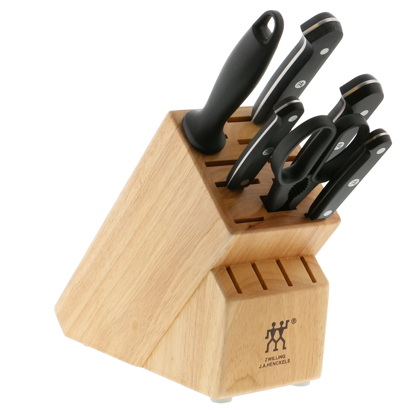 wooden knife block filled with knives on white background