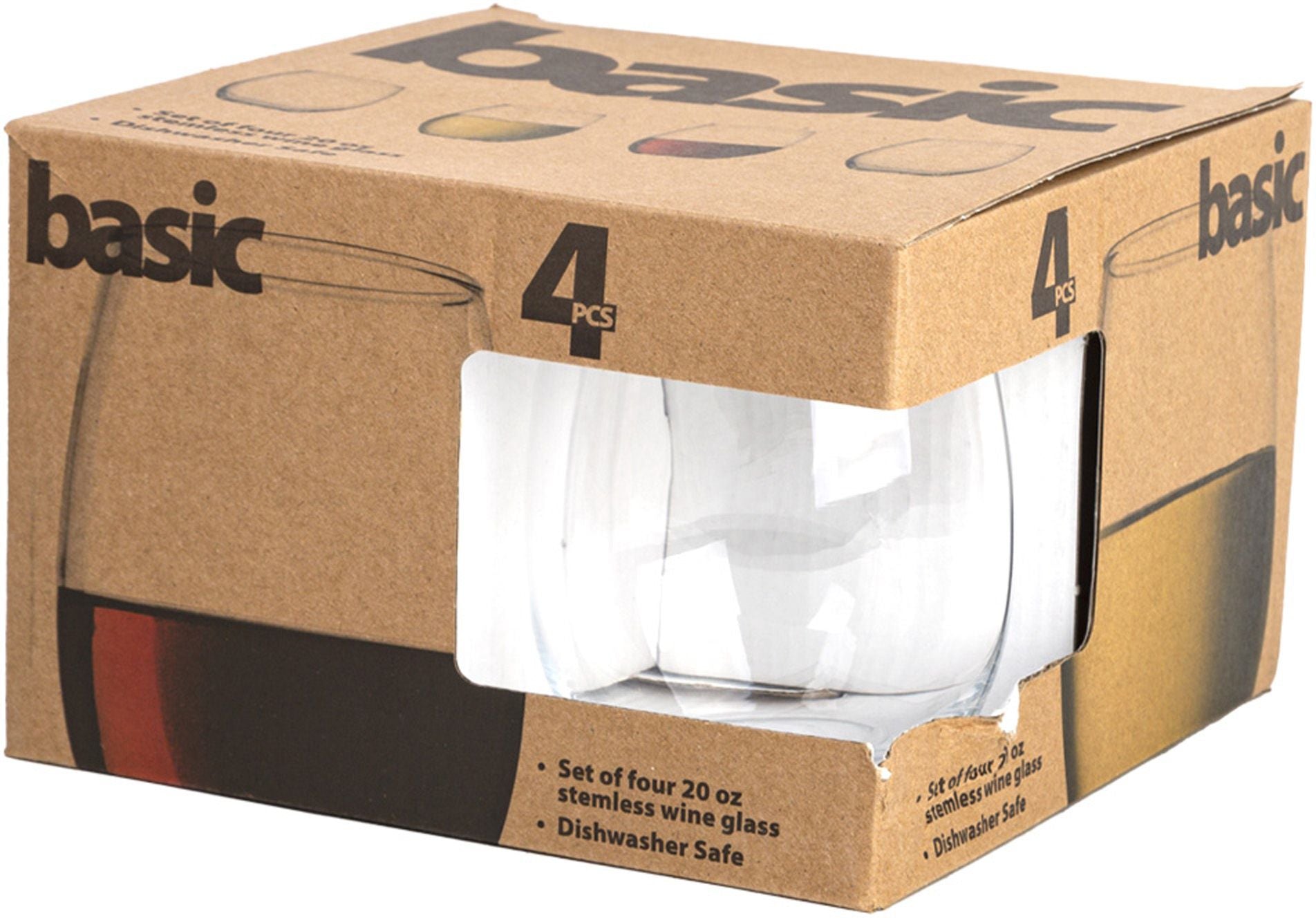 box package of stemless wine glasses on a white background