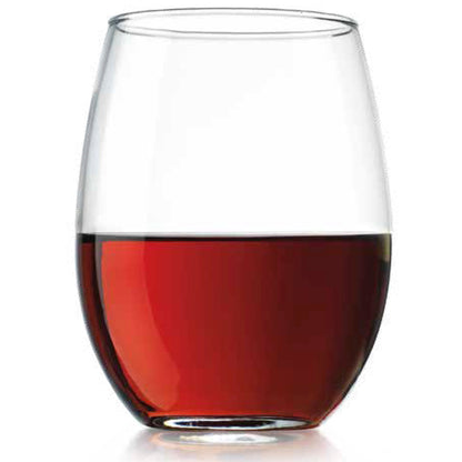 stemless wine glasses filled with wine on a white background