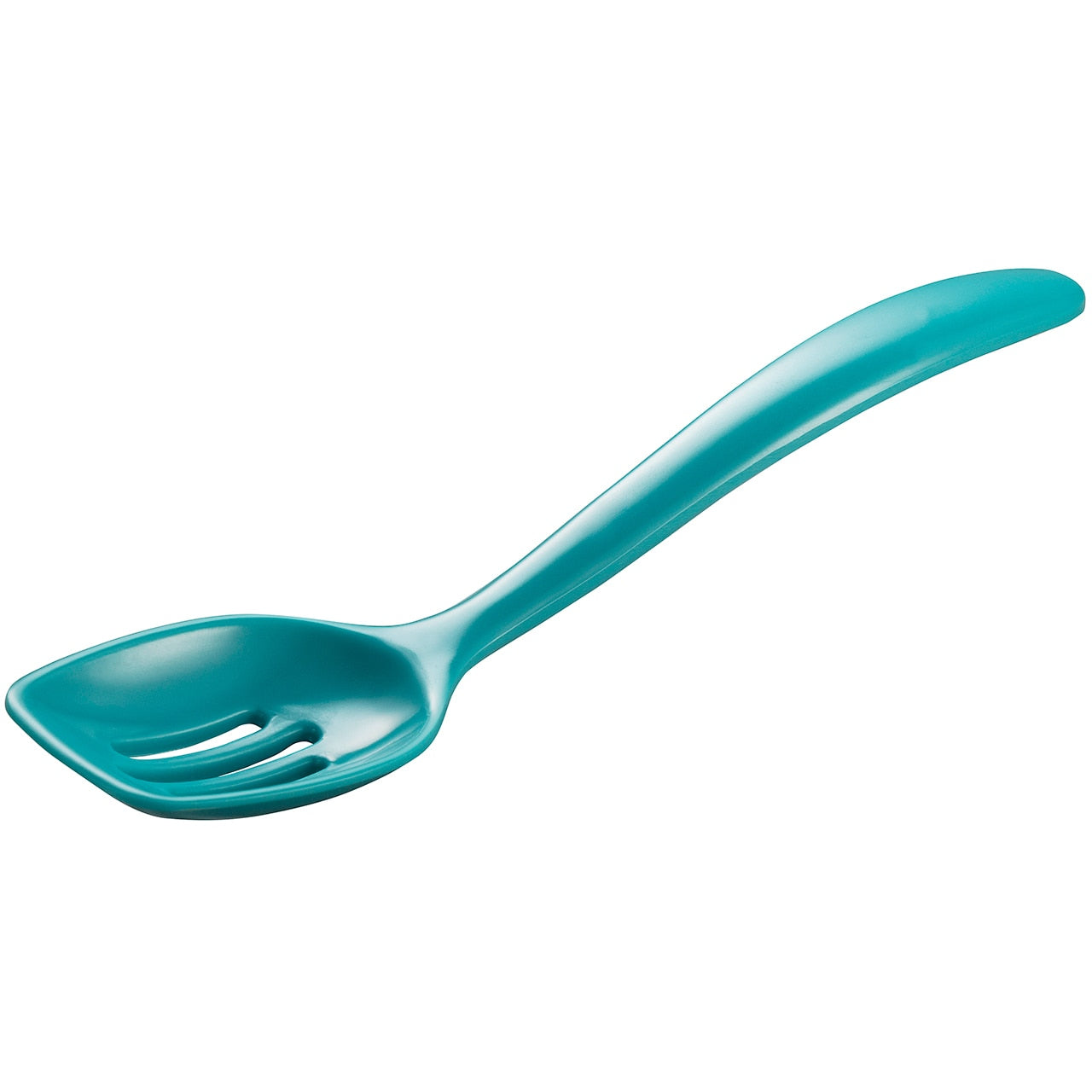 turquoise mini melamine slotted spoon on a white background
