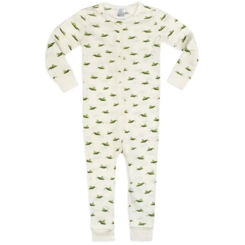 off-white pajamas with all-over pattern of grasshoppers.