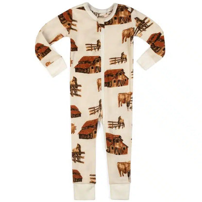 ivory pajamas with all-over pattern of barns, horses, and cows.