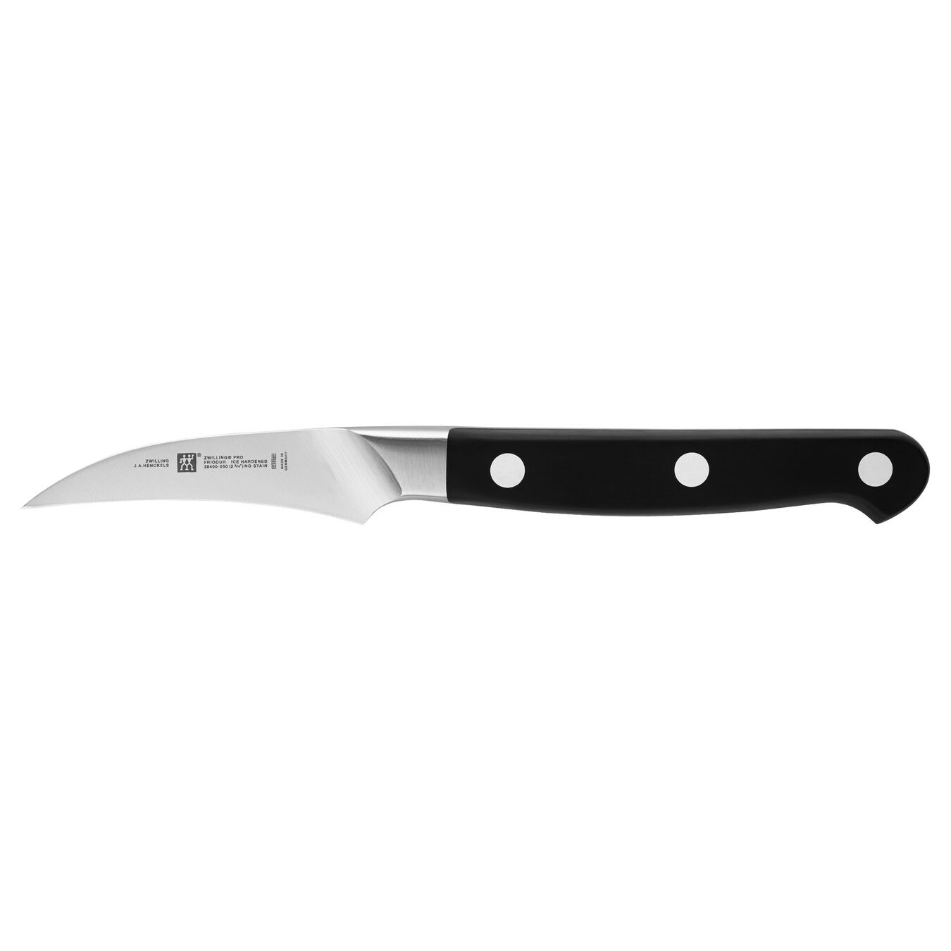 curved peeling knife with riveted black handle on white background