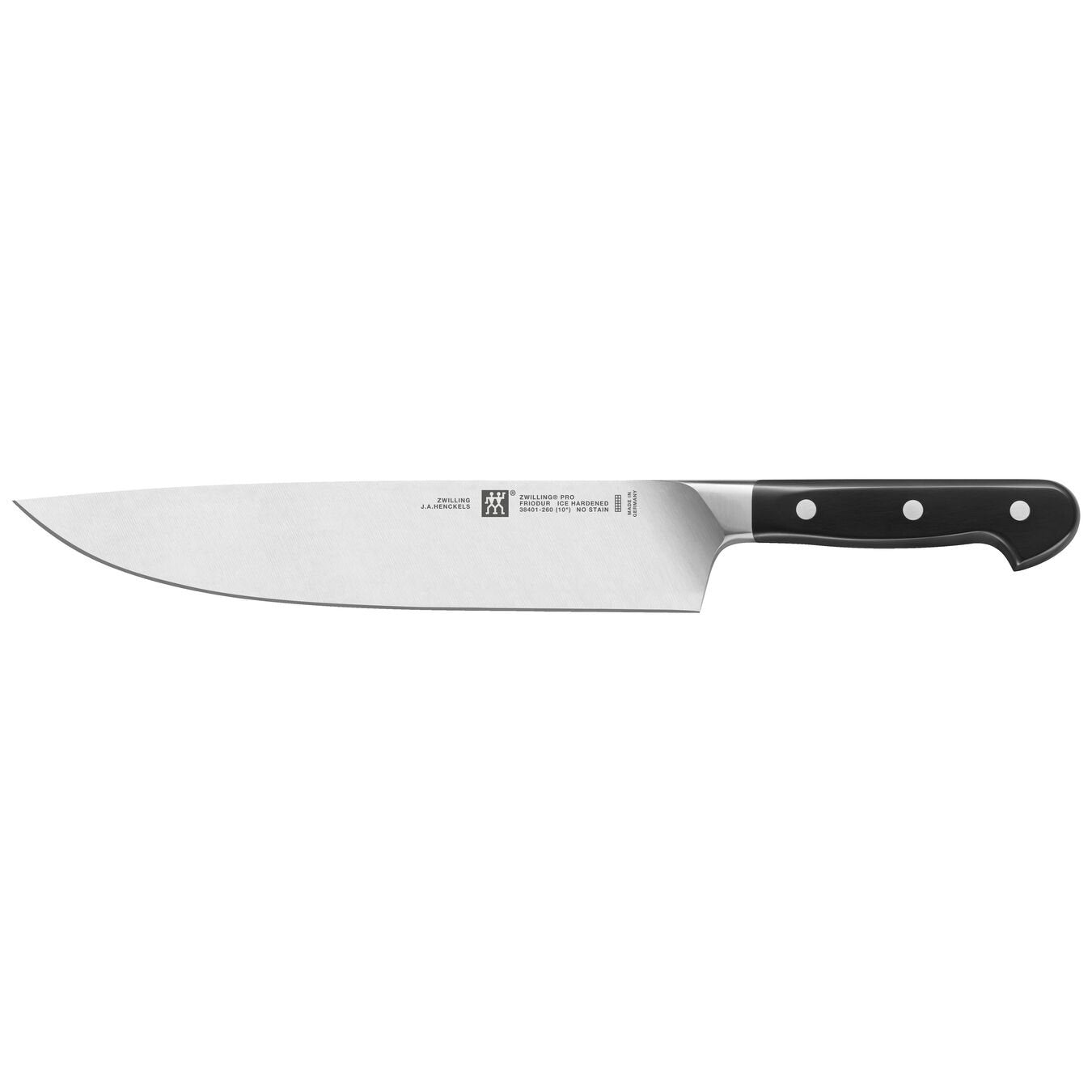 long kitchen knife with riveted black handle on white background