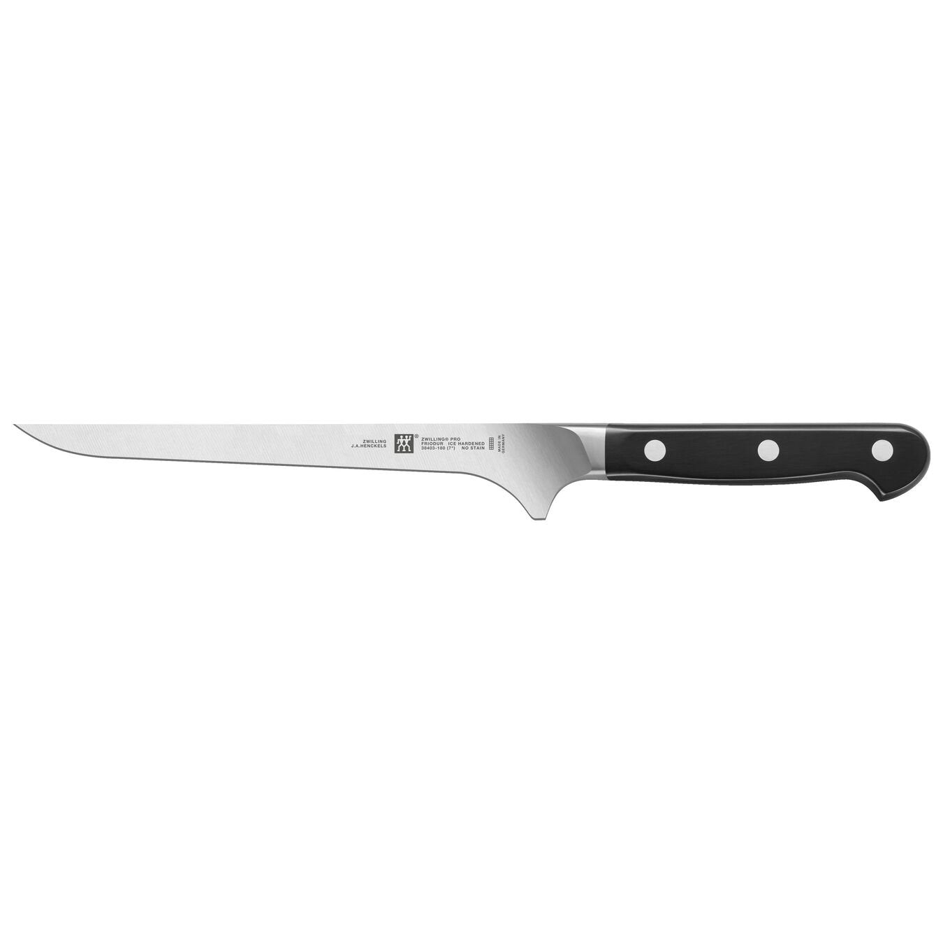 fillet knife with riveted black handle on white background