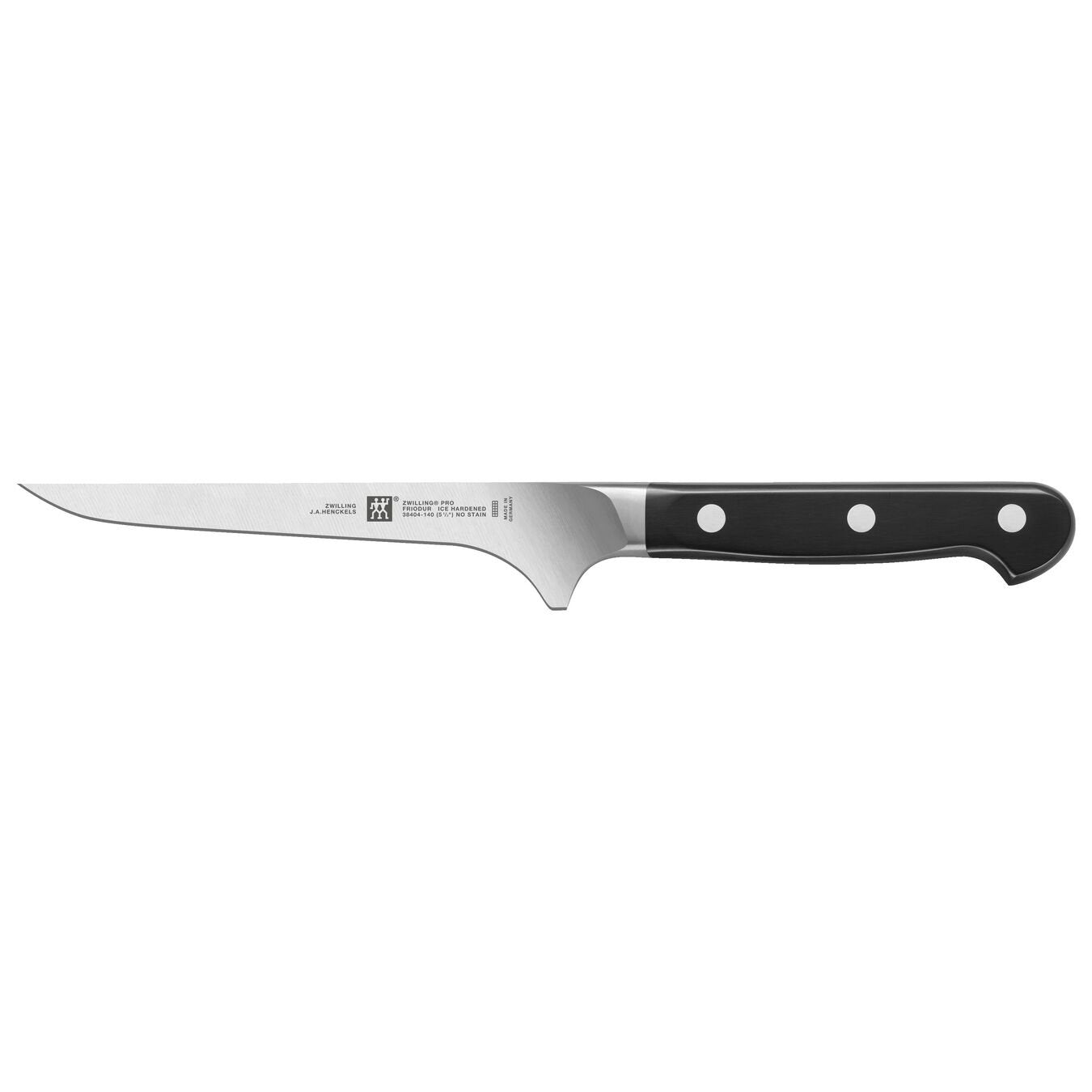 boning knife with black riveted handle on white backgrund