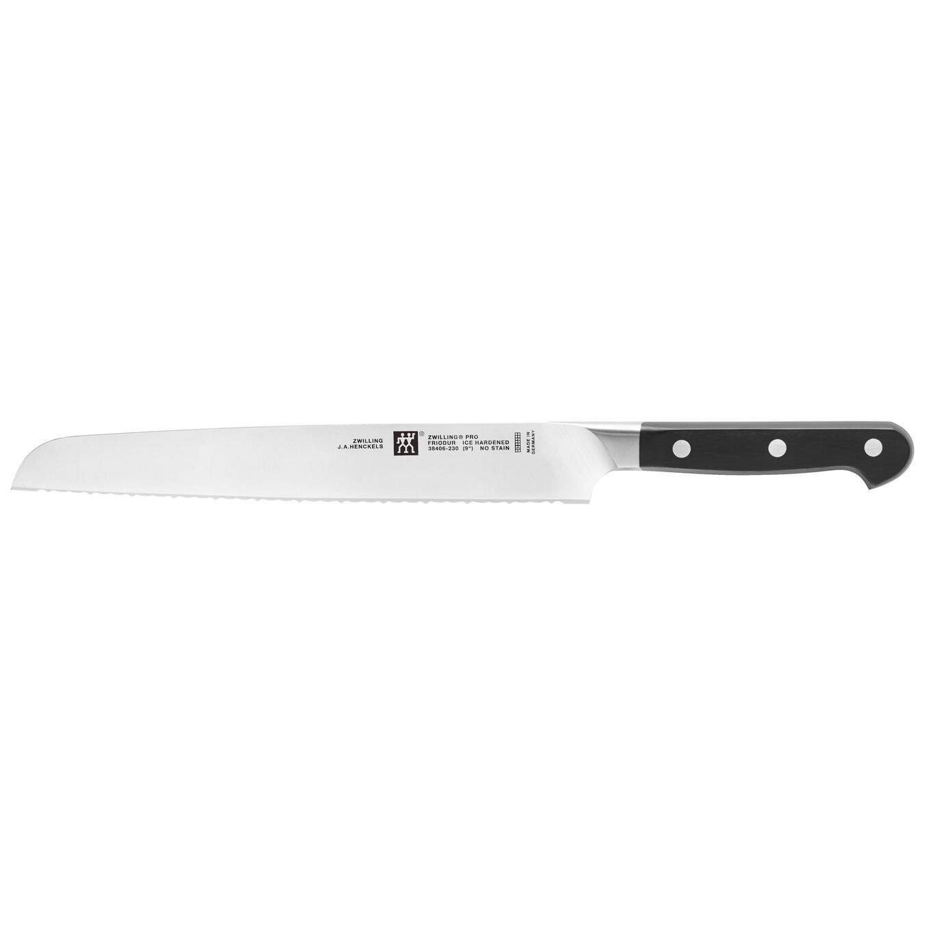 long bread knife with riveted black handle on white background