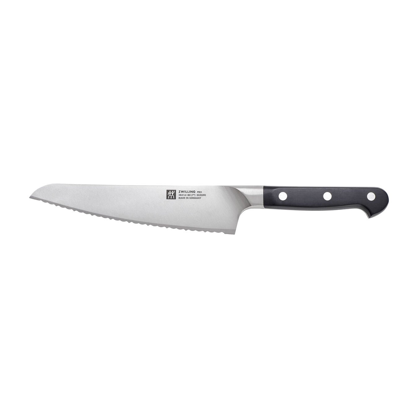 Pro 7 Inch Bread Knife with black, riveted handle on a white background.