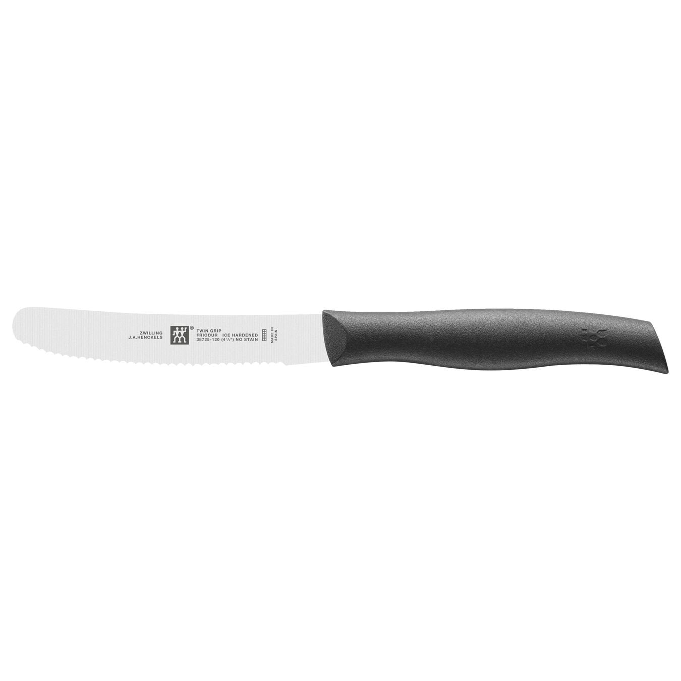 black handled serrated knife on white background