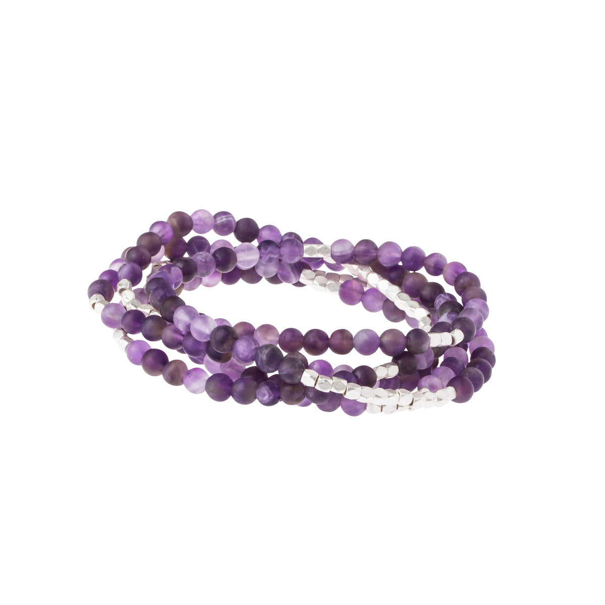 4.5 millimeter Amythyst beads interspersed with silver beads wrapped four times to form a bracelet, shown on a white background.