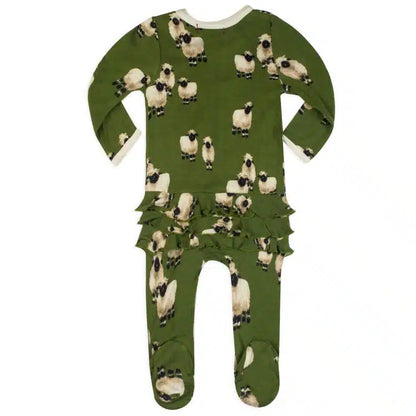 back view of green footed romper with all-over pattern of sheep and ruffles on the bootie.