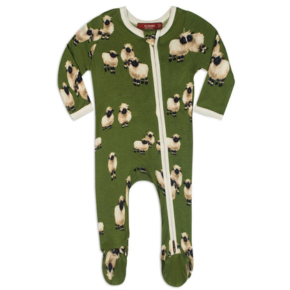 green footed sleeper with all-over pattern of sheep.