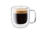 double walled glass filled with esspresso with a foamy head on a white back ground