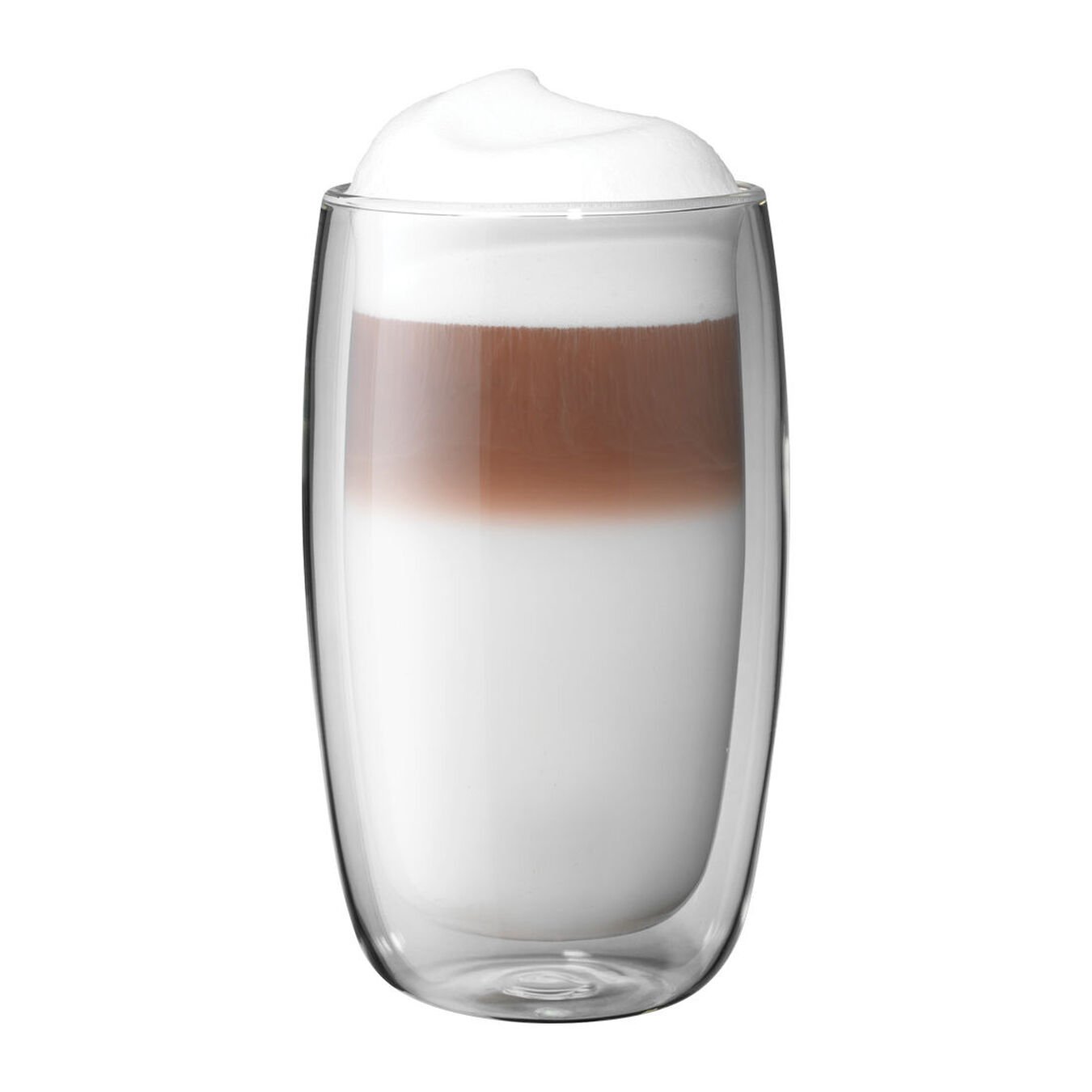 latte glass with creamy beverage on white background