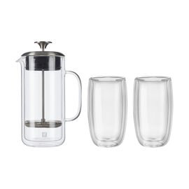 empty french press and latte glasses on white background