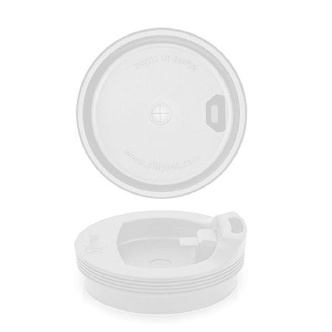 top and side view of white cup lid on white background.