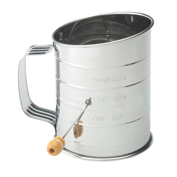 the hand crank stainless steel sifter on a white background