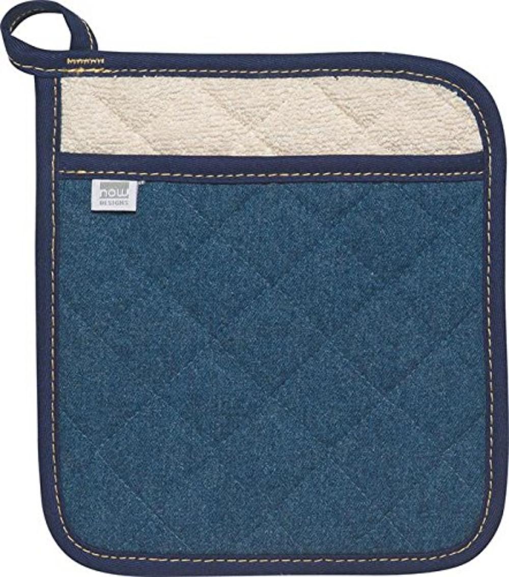 square pot holder with denim exterior and terry lining.