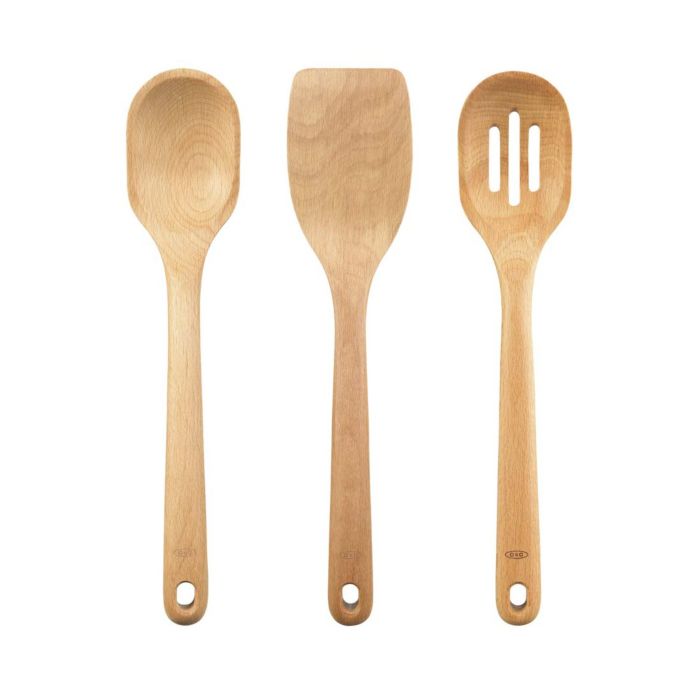 3 wooden utensils: spoon, spatula, and slotted spoon.