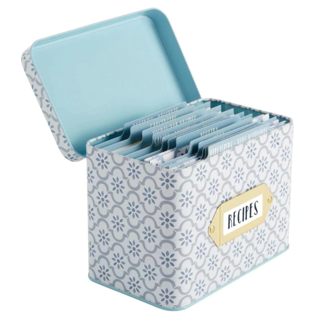 open view of  true blue tin recipe box with brass label holder against a white background