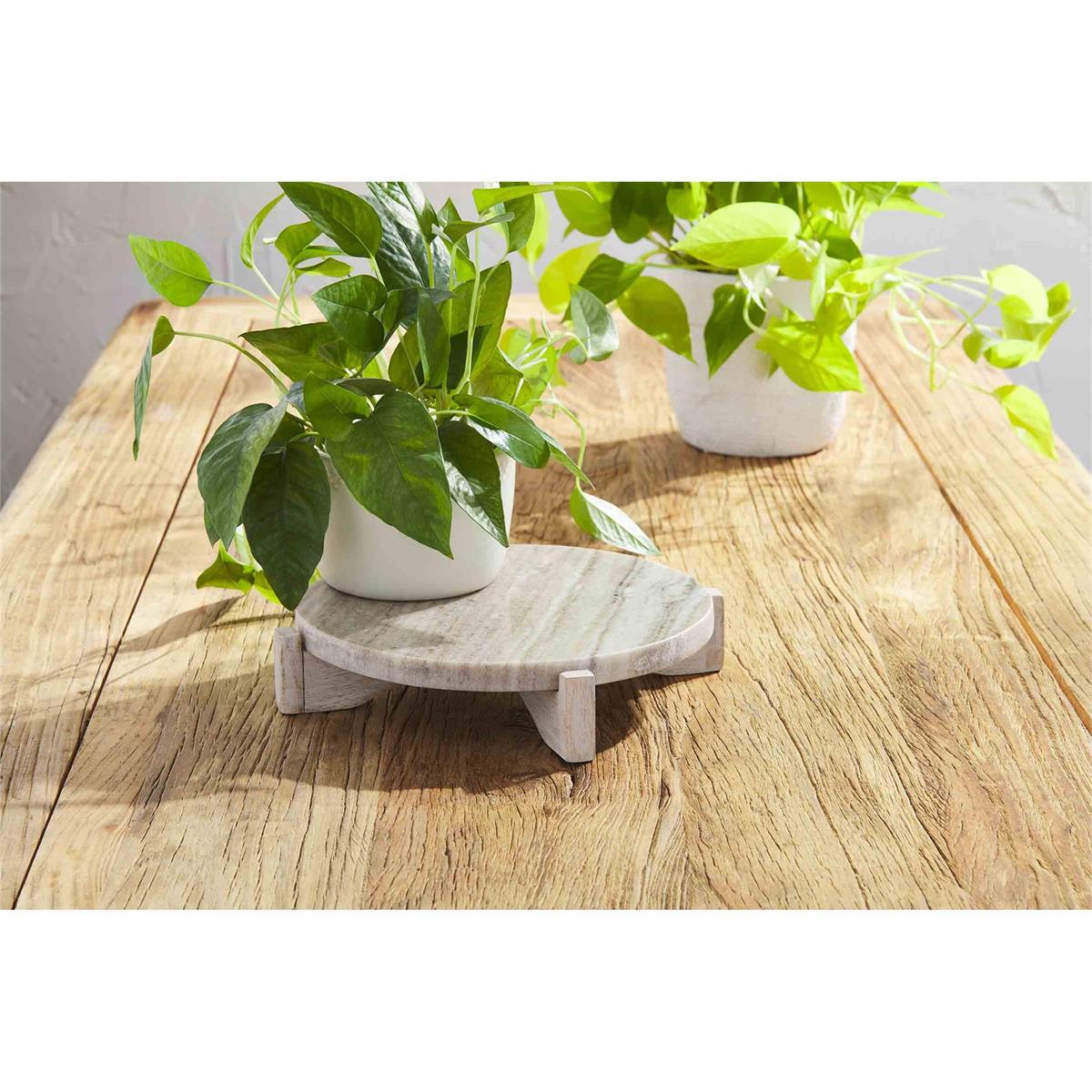 marble and wood pedestal displayed on rustic wood table with a potted plant on top