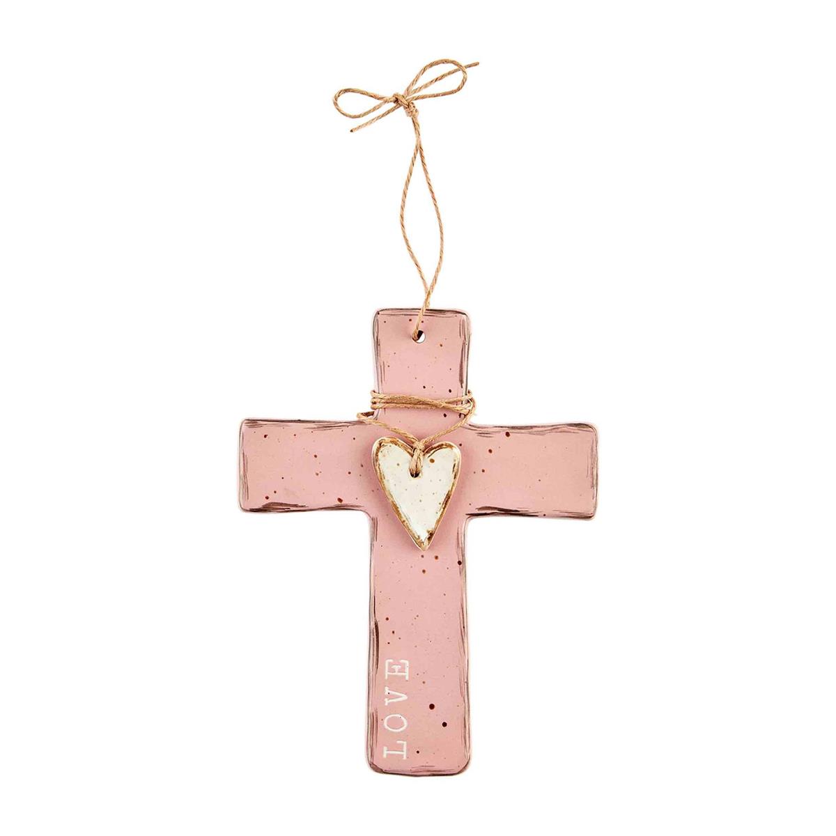 pink cross with white heart and :love" along the side against a white background