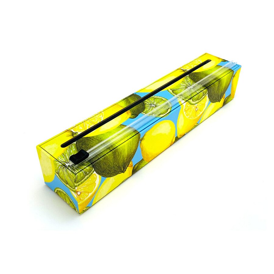 top view of lemons plastic wrap dispenser on a white background