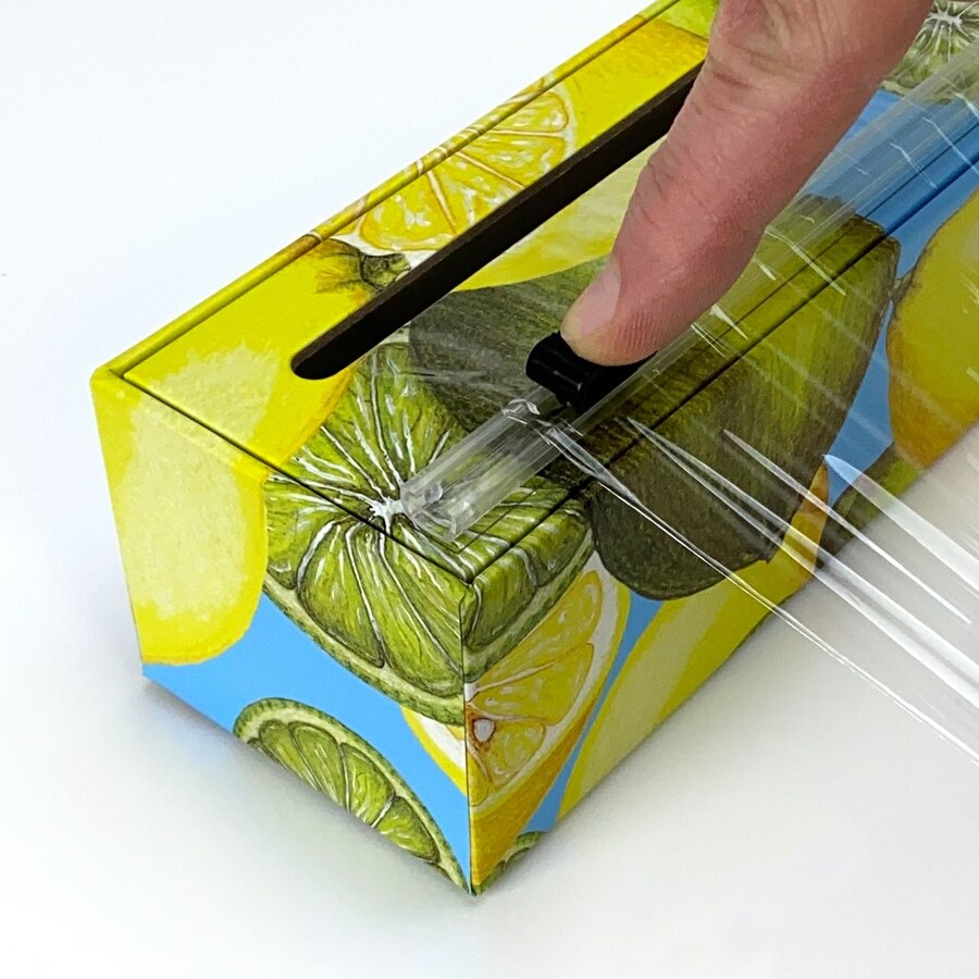 illustration of the lemons plastic wrap dispenser cutting plastic wrap on a white background