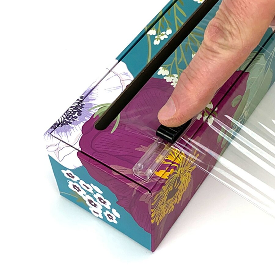 illustrating the spring flowers plastic wrap dispenser cutting the plastic wrap on a white background