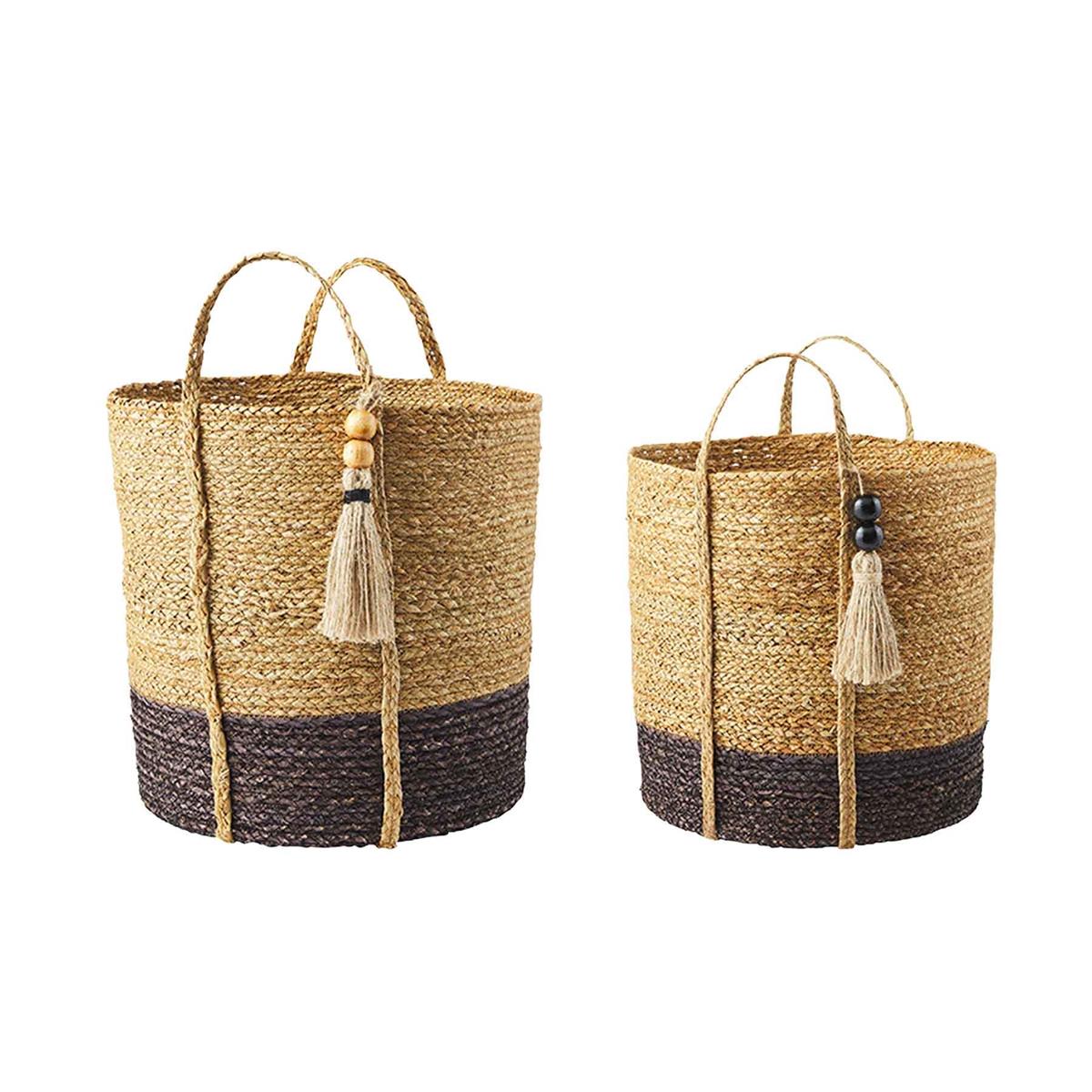 small and large two-toned seagrass basket on a white background