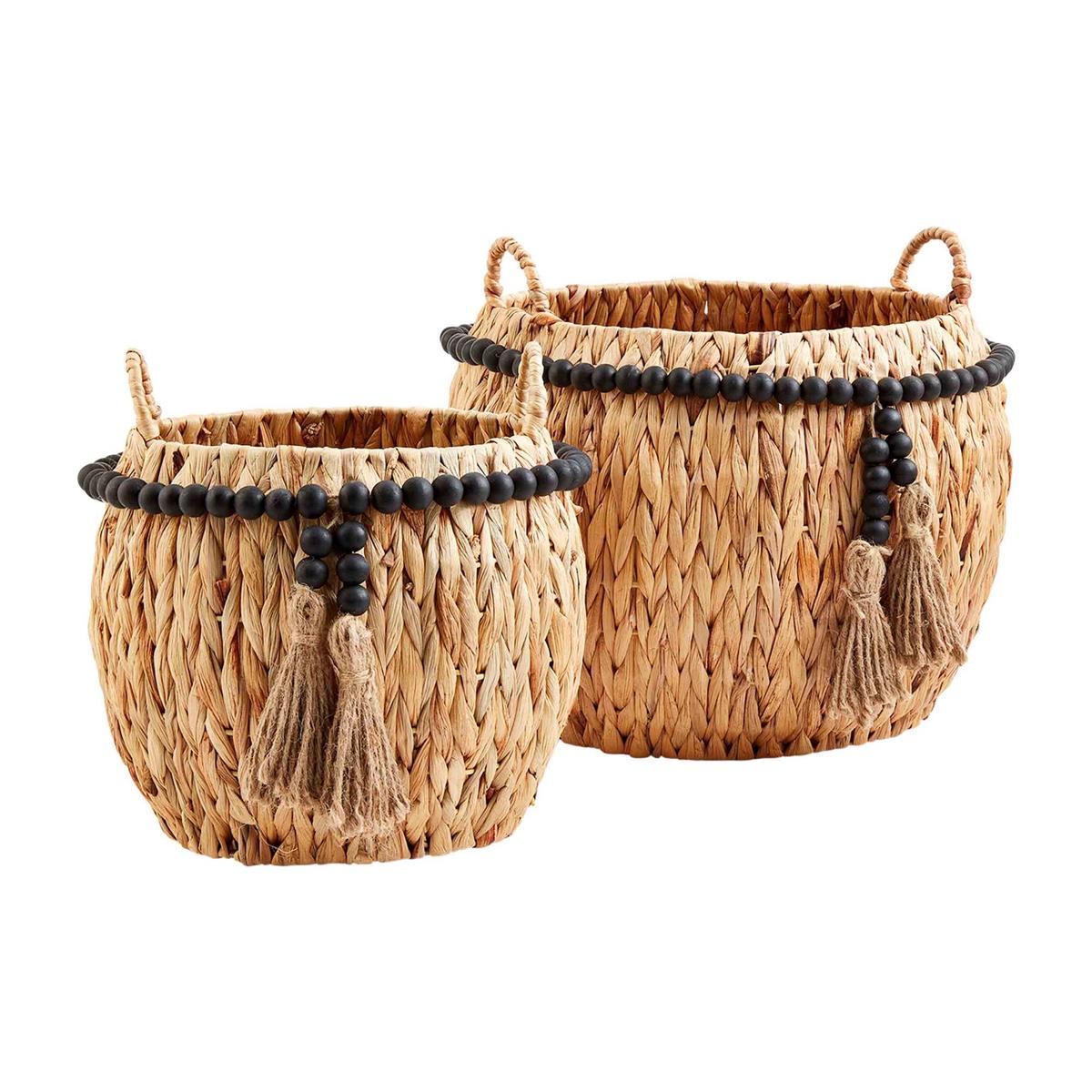 small and large hyacinth beaded tassel baskets against a white background
