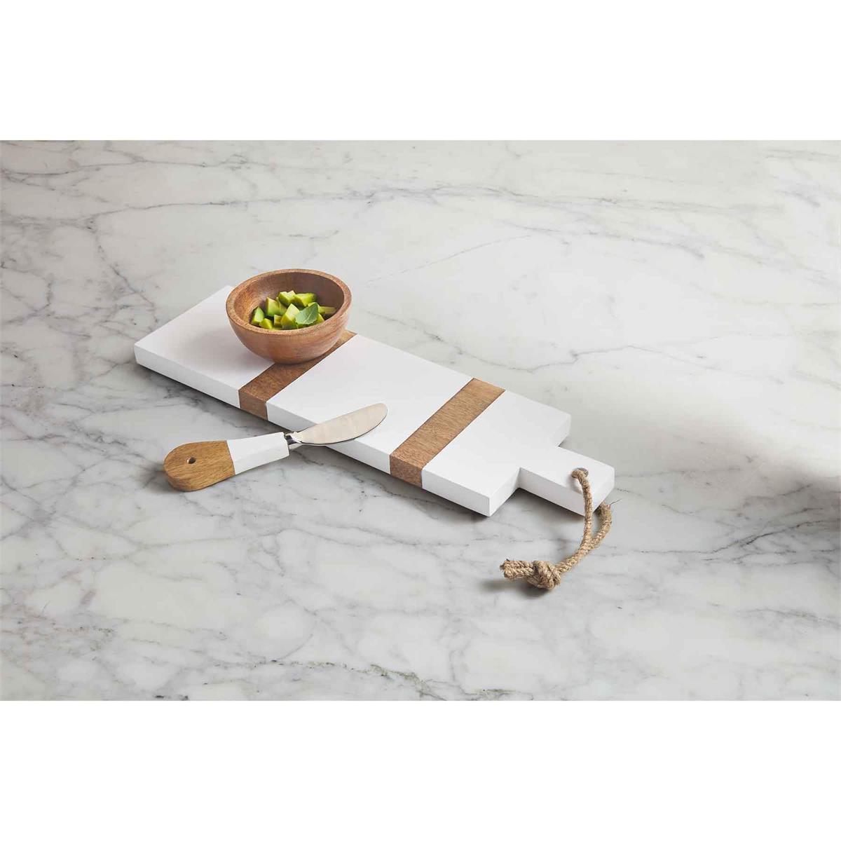 wood strap tray and dip set displayed on a white marble surface
