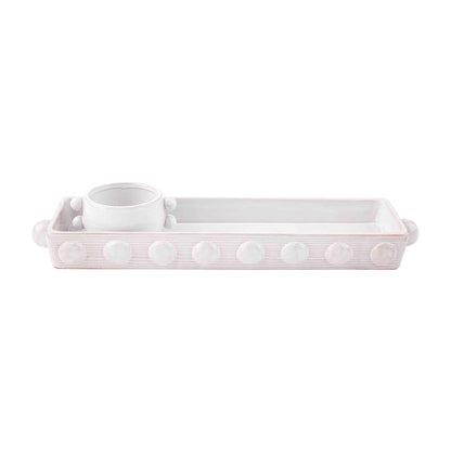 white rectangle bead tray with white beaded dip bowl on a white background