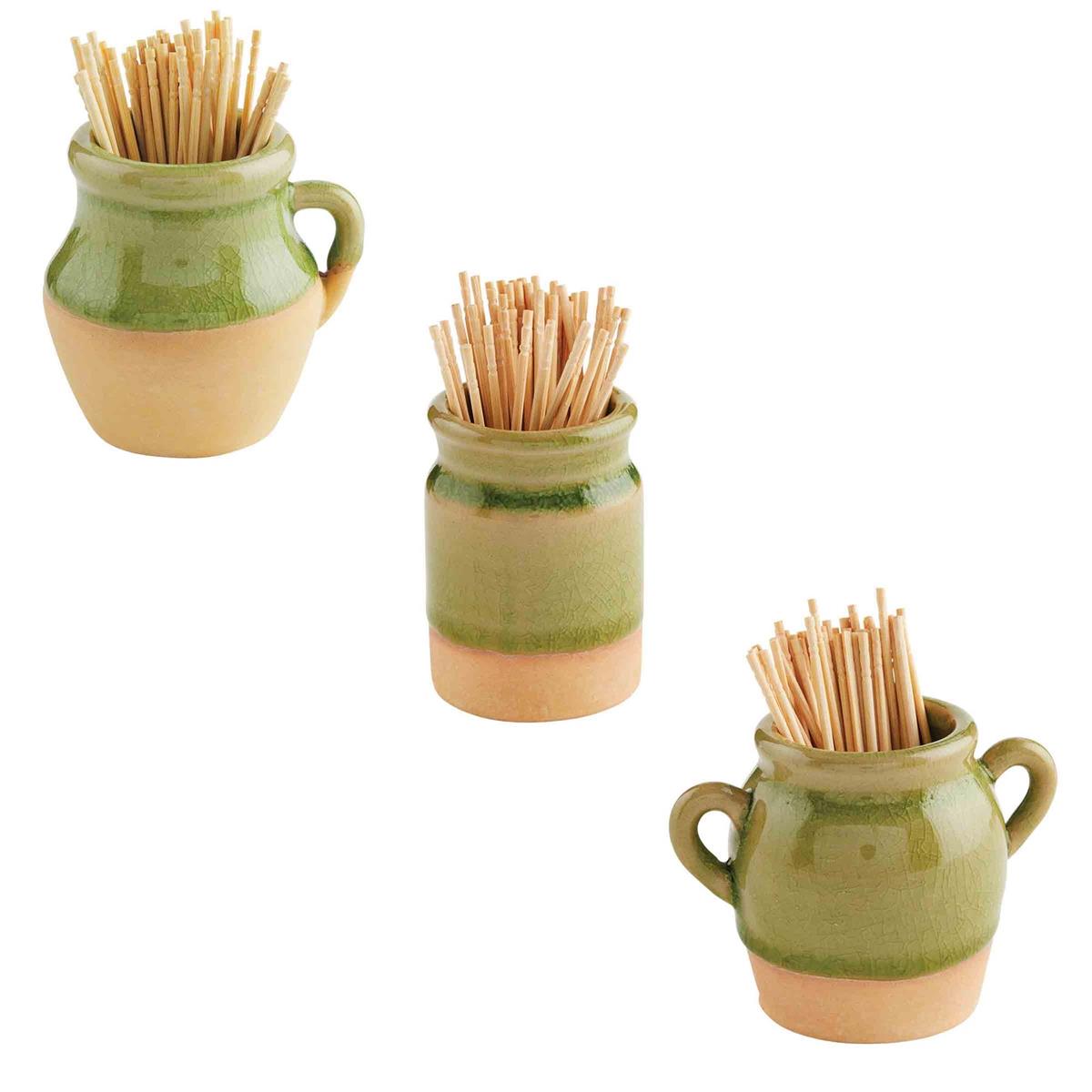 all three styles of toothpick mini pots on a white background