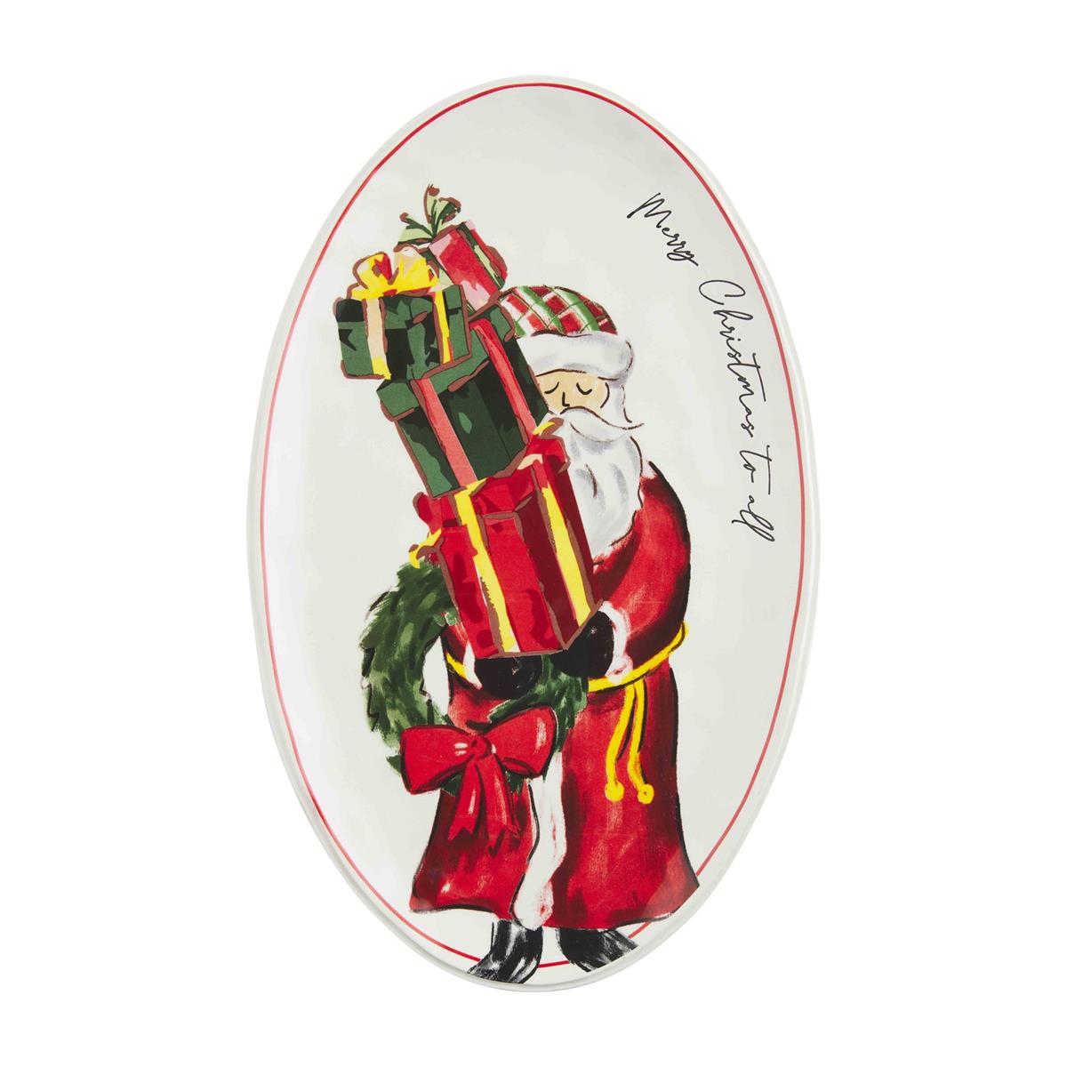 oval platter with image of santa with white beard and fair skin tone carrying a stack of gifts and a wreath with a red bow.
