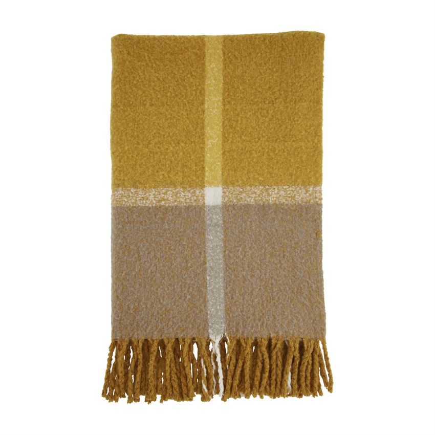 mustard and grey blanket with large plaid design and fringed edges.
