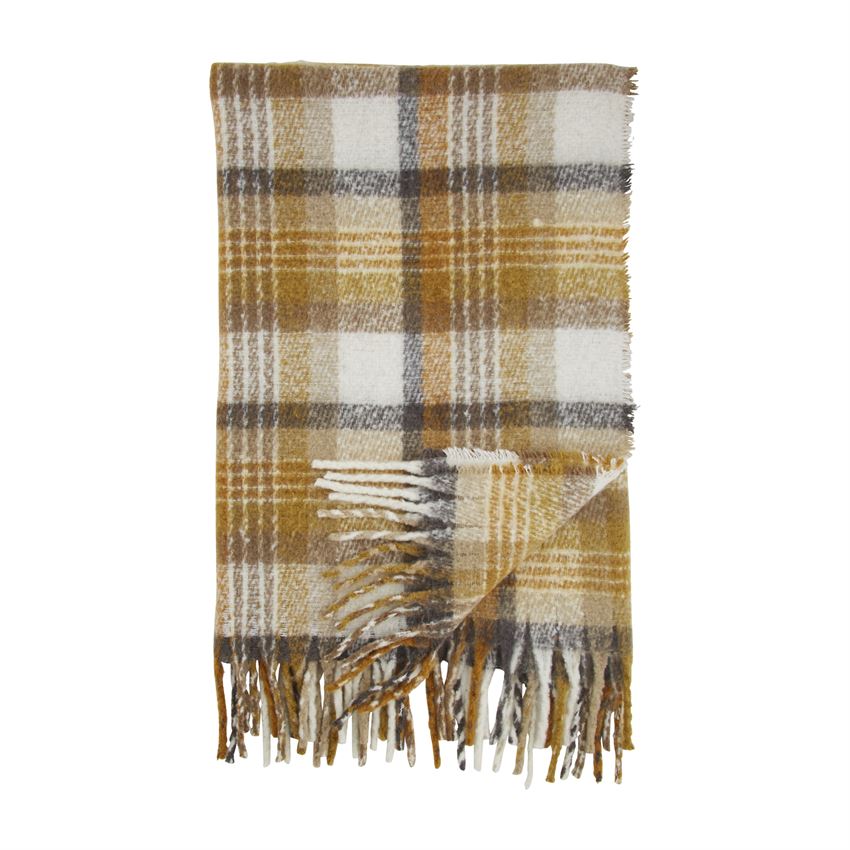 mustard, grey, and white plaid blanket with fringed edges.