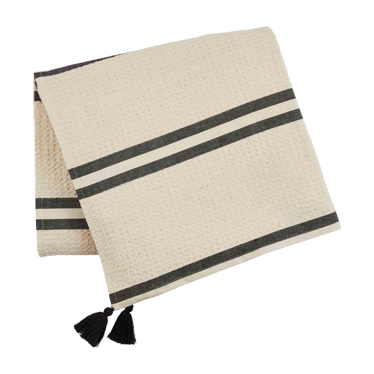 black and cream waffle chambray stripe blanket on a white background