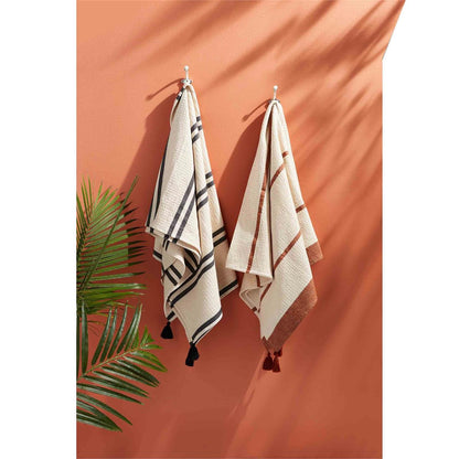 both colors of waffle chambray stripe blankets displayed on a terracotta colored wall next to palm leaves