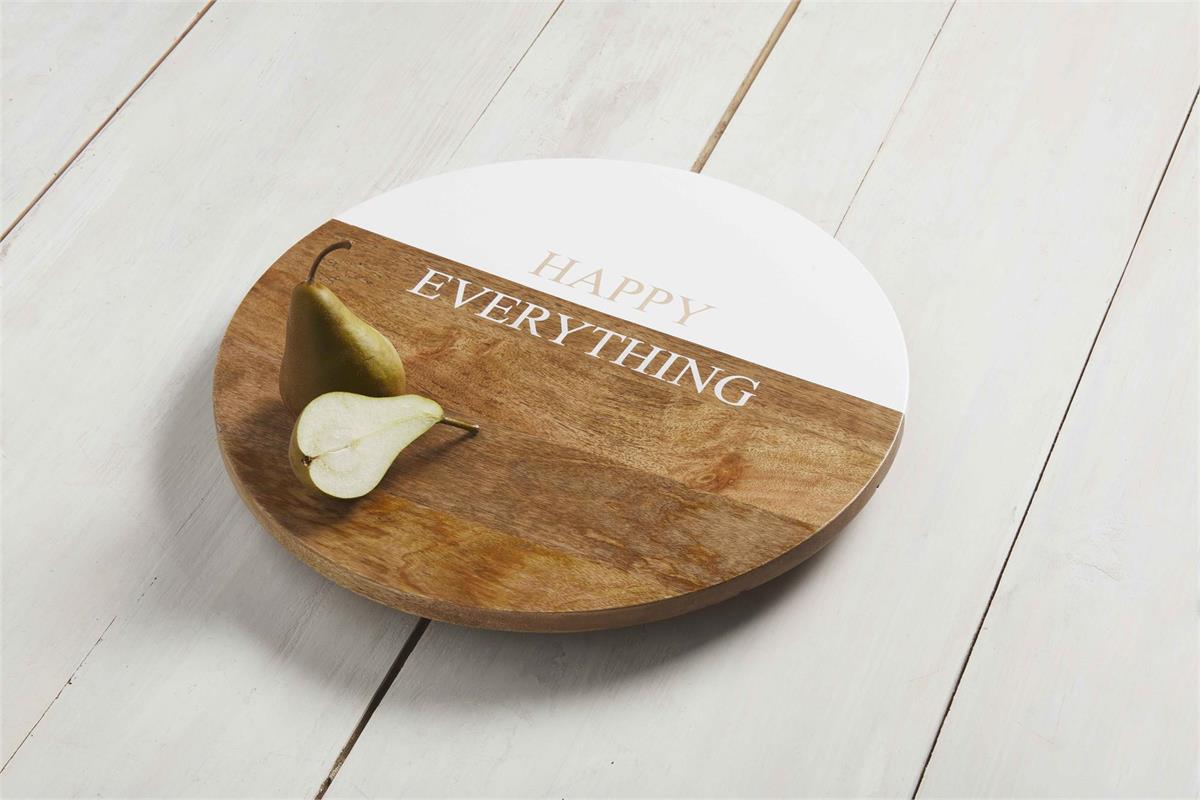 happy everything lazy susan displayed with pears on a light gray wood slat surface