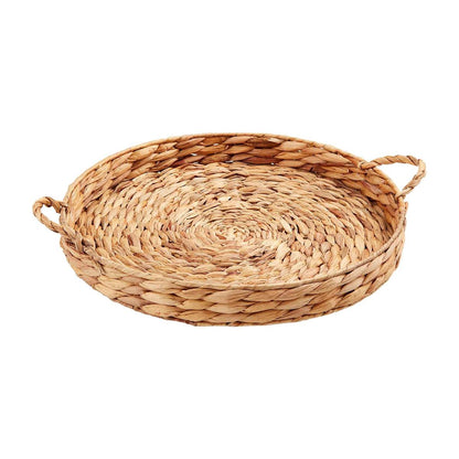 woven lazy susan with handles on a white background