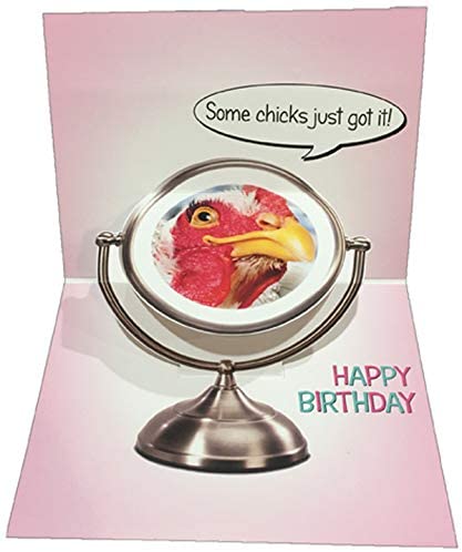 inside of card is a photograph of a rooster looking in a mirror and inside text