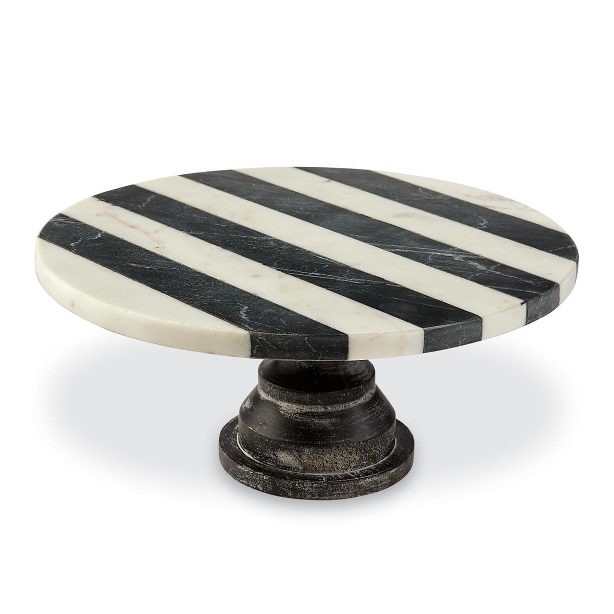 black and white stripped marble cake pedestal on a white background