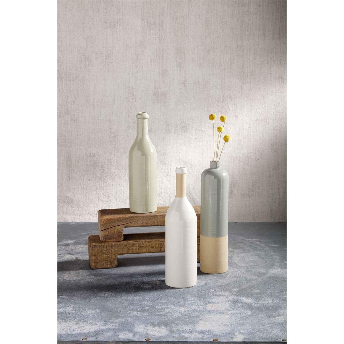 small and large reclaimed wooden risers displayed with three vases on a gray surface