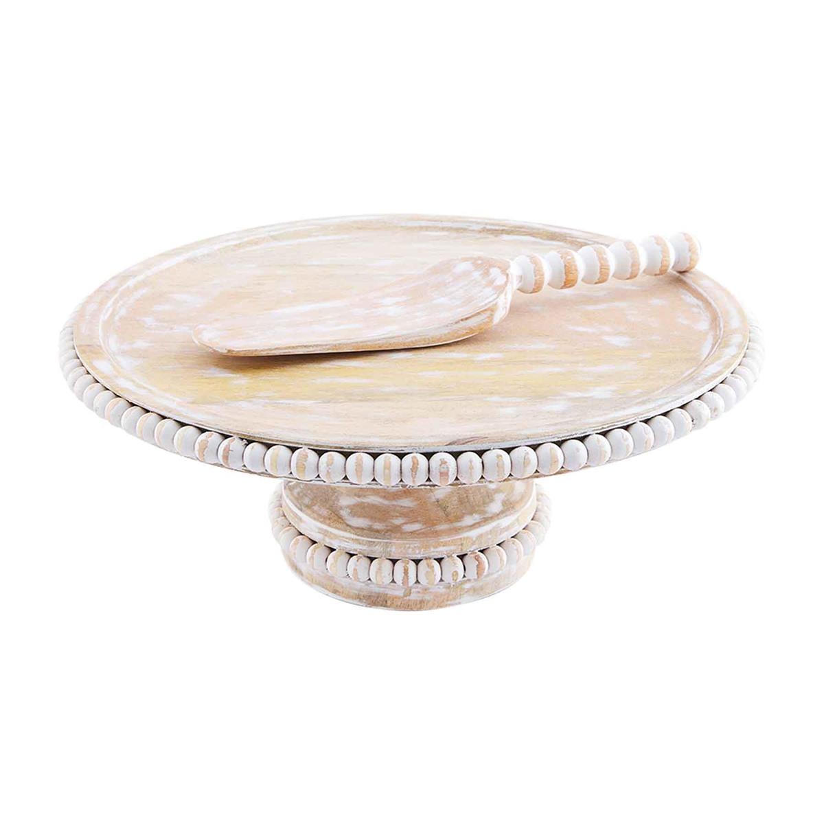 wooden beaded cake stand displayed with a wooden beaded cake server on a white background