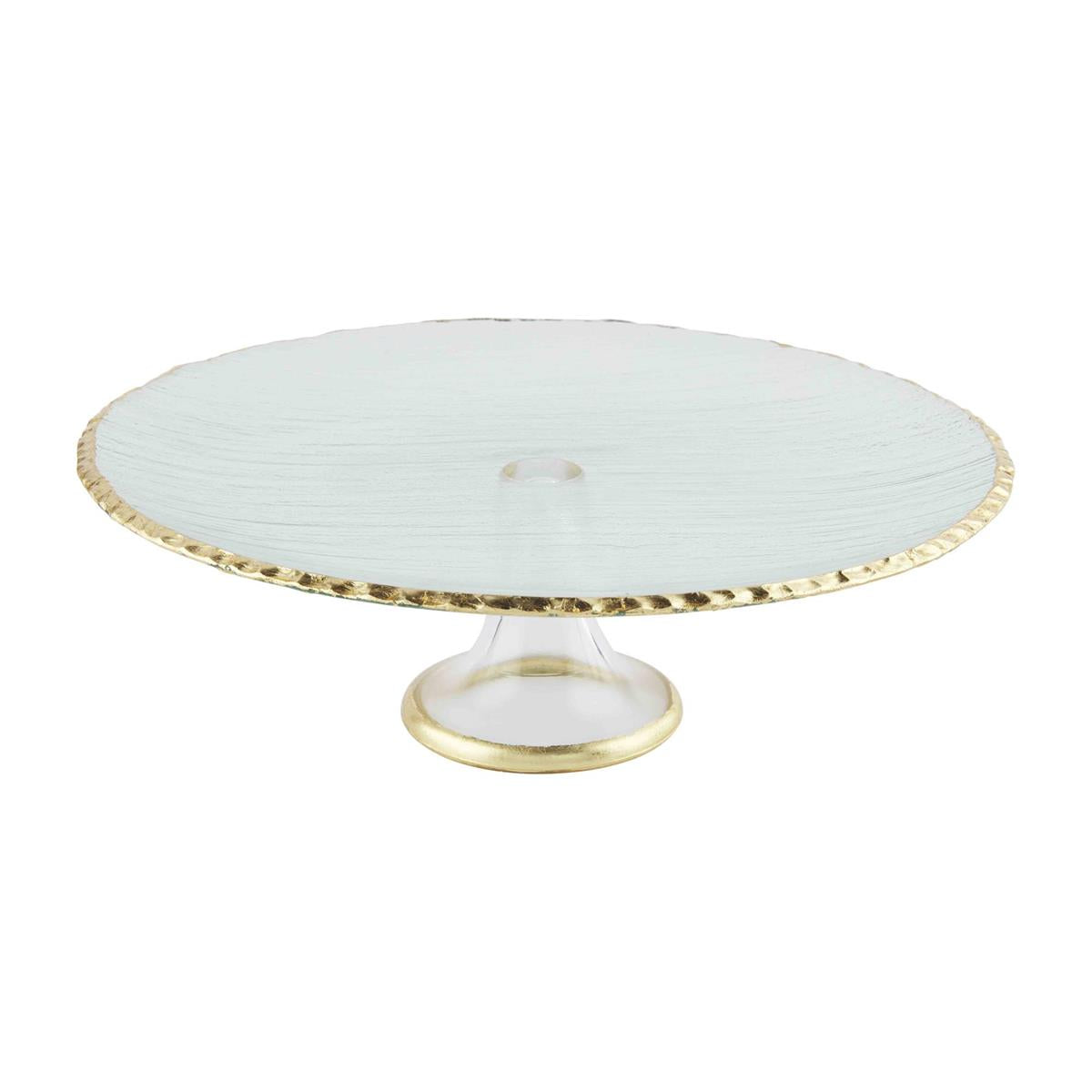 glass cake plate with gold rim on white background.