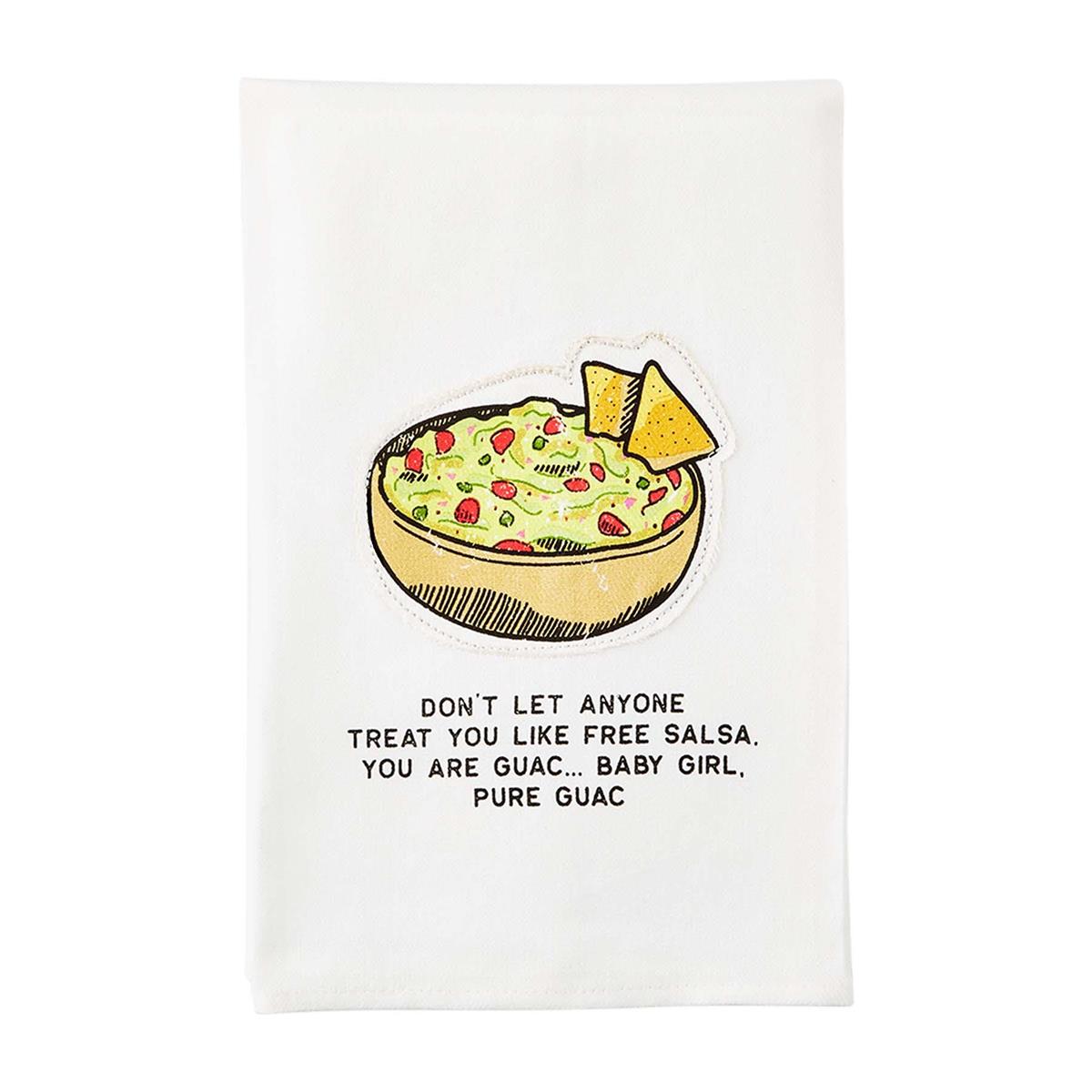guac fiesta appliqued towel with bowl of guac graphic and text "don't let anyone treat you like free salsa. you are guac... baby girl. pure guac" on a white background