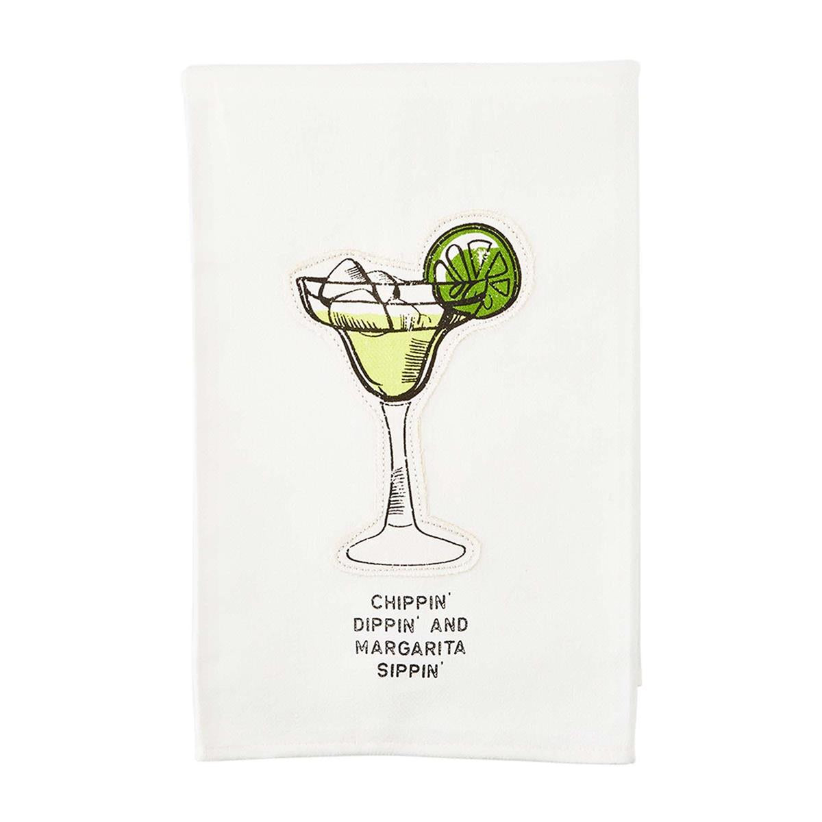margarita fiesta appliqued towel with magarita glass graphic and text "chippin' dippin' and margarita sippin'"  on a white background
