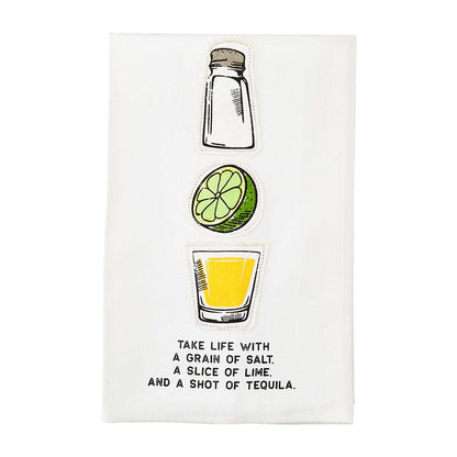 salt and lime fiesta appliqued towel with salt shaker, lime, and shot glass graphics and text "take life with a grain of salt, a slice of lime, and a shot of tequila." on a white background
