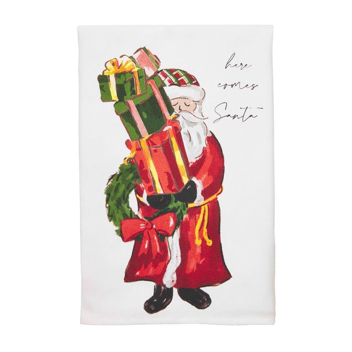 white towel with graphic of santa with fair skin tone holdina stack of gifts and a wreath and the text "here comes santa".